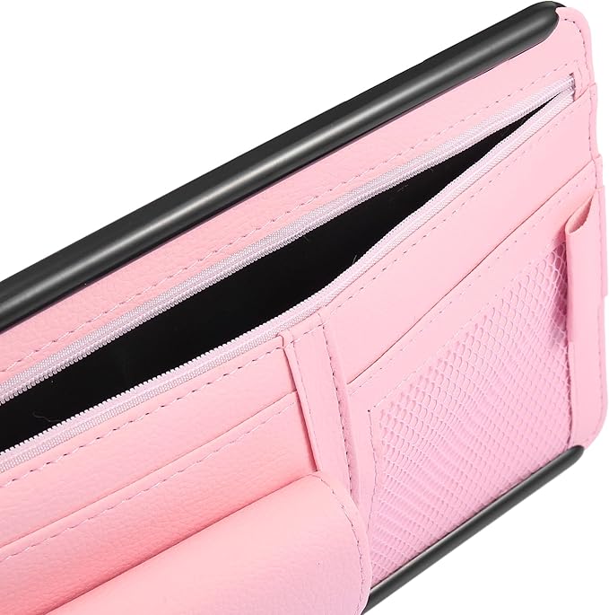X AUTOHAUX Pink Universal Car Sun Visor Organizer Sunglasses Case Storage Pocket Hook and Loop Tape ABS PU Leather for SUV RV Truck