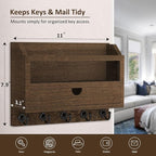 Nekon Key and Mail Holder for Wall, Key Organizer with 5 Hooks & Storage Drawer, 11" W x 7.9" H x 3.1" D Wooden Key Rack for 