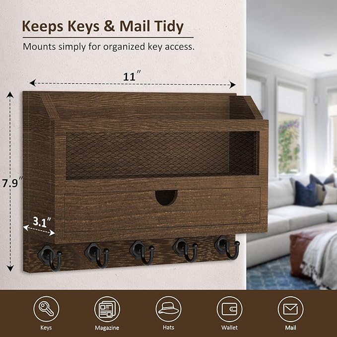 Nekon Key and Mail Holder for Wall, Key Organizer with 5 Hooks & Storage Drawer, 11" W x 7.9" H x 3.1" D Wooden Key Rack for 