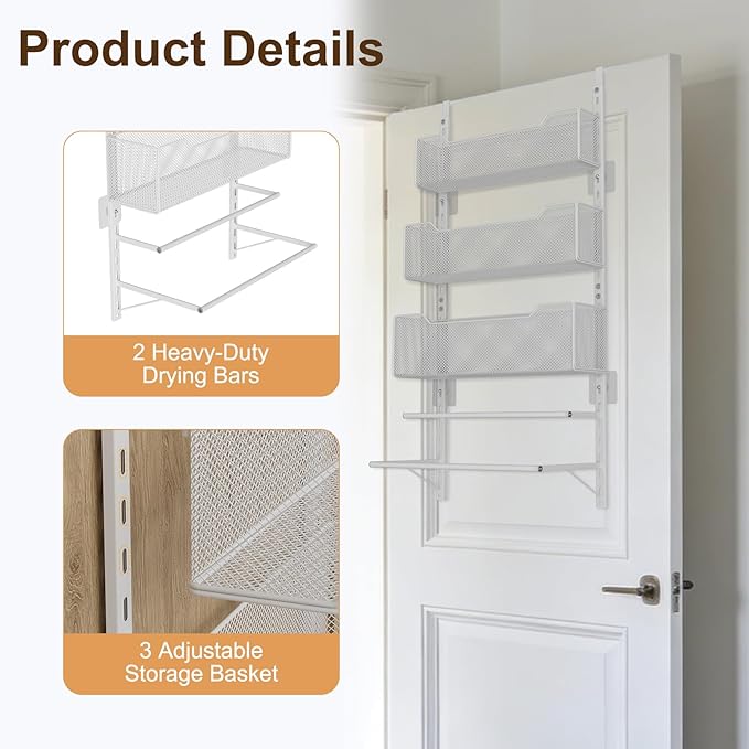 VyGrow Over the Door Storage Organizer with 3 Tier Mesh Baskets 2 Hanging Rods, 2 Mounting Options, Heavy Duty Clothes Hanger