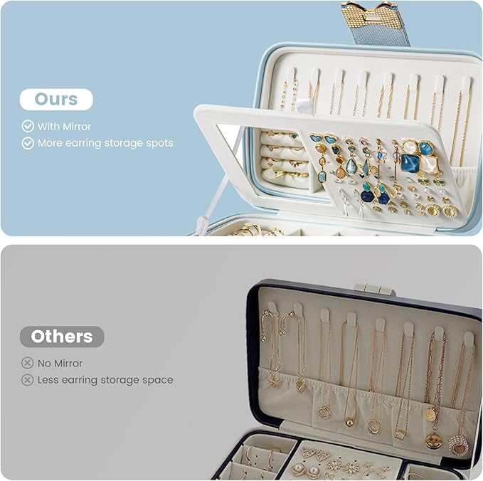 Lolalet 2 Layer Jewelry Box for Teen Girls & Young Women, Jewelry Organizer Case with Bow Clasp and Mirror for Earrings Rings