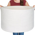 MEGASKET White Cotton Rope Storage Basket, 22" X 22" X 14" Extra Large Blanket Storage Living Room, XL Soft Toy Bin for Organ