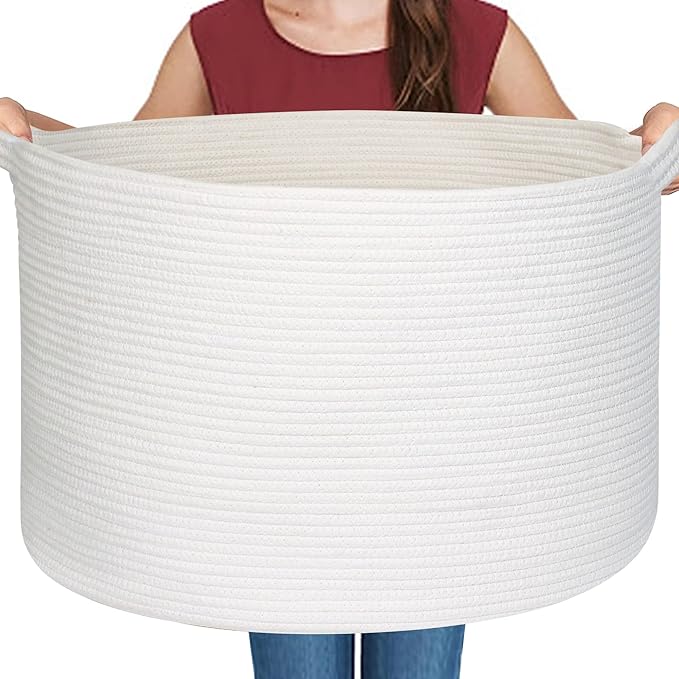 MEGASKET White Cotton Rope Storage Basket, 22" X 22" X 14" Extra Large Blanket Storage Living Room, XL Soft Toy Bin for Organ