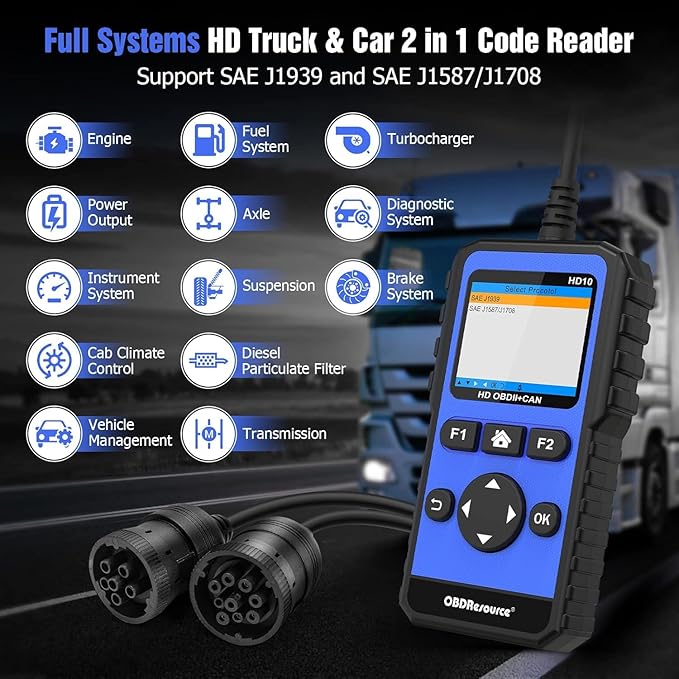 Heavy Duty Truck Scanner Full System Diesel Diagnostic Scan Tool HD OBD/EOBD/OBD2 Automotive Code Reader for Cars and Trucks