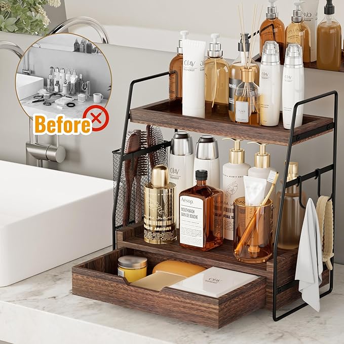 2-Tier Bathroom Counter Organizer with Drawer & Removable Basket, Wood & Metal Vanity Organizer for Skincare, Makeup, Perfume