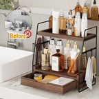 2-Tier Bathroom Counter Organizer with Drawer & Removable Basket, Wood & Metal Vanity Organizer for Skincare, Makeup, Perfume