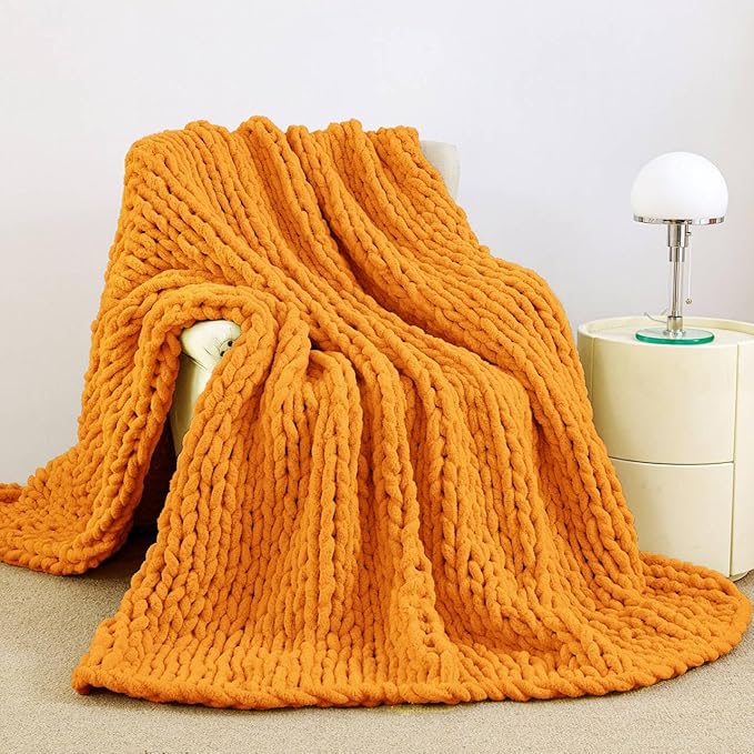 Admitrack Chunky Knit Blanket Throw, 100% Hand Knit Chenille Throw Blanket for Sofa & Home Decor, Soft and Cozy Knitted Throw