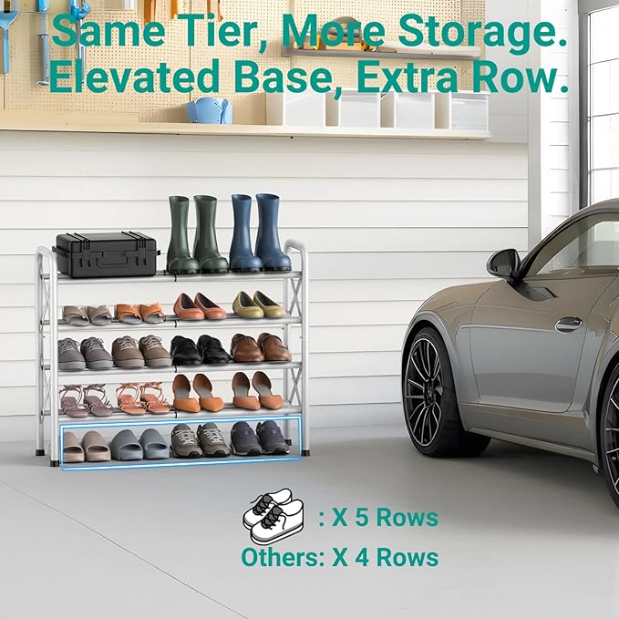 YEASHEIN 4-Tier Expandable Shoe Rack for Closet Floor, X-Frame Metal Small Shoe Rack for Entryway, Adjustable Shoe Shelf Orga