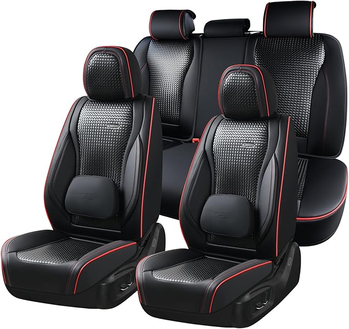 Coverado Car Seat Covers Full Set, Black Redline Seat Covers for Cars, Waterproof Nappa Leather Automotive Seat Covers with L