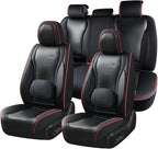 Coverado Car Seat Covers Full Set, Black Redline Seat Covers for Cars, Waterproof Nappa Leather Automotive Seat Covers with L