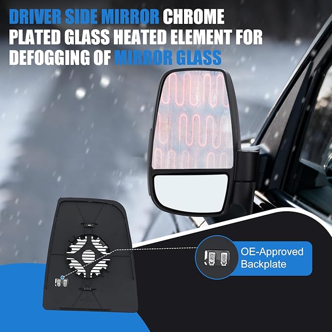Driver Side Upper Mirror Glass for 2015-2023 Ford Transit 150 250 350 HD - Heated OE Replacement with Backing Plate, Left Side View Mirror Glass for Van Repair, Anti-Vibration HD Real Glass