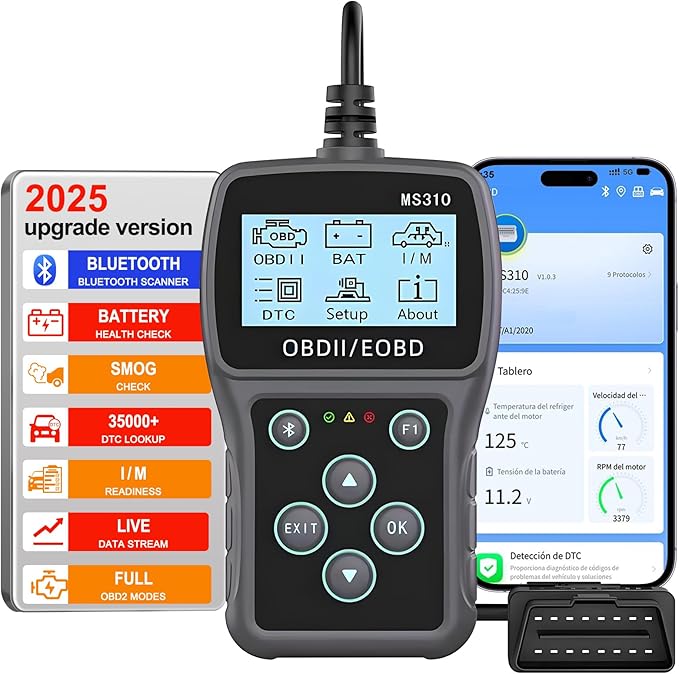 Bluetooth OBD2 Scanner Diagnostic Tool with Battery Tester: Check Engine Code Reader - Plug & Play with Live Data and Trip