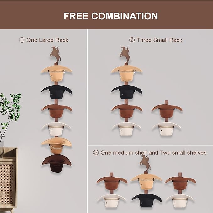 Cowboy Hat Rack Holder for Wall - Wild Western Style Design Hat Organizer with 6 Hat Hooks for Wall Mount, Hat Stand and Hang