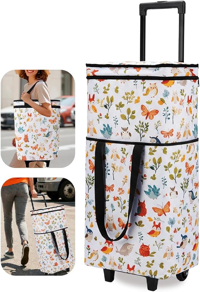 Foldable Rolling Bag, Portable Small Shopping Cart with Wheels, Collapsible Shopping Tote with Stylish Pattern for market & Grocery Runs–Gift for Women & Seniors, Pro L, white