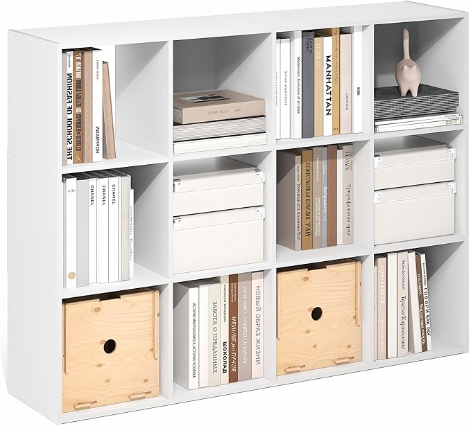 Furinno PELLI Book Shelf, 12-Cube Bookshelf, Cube Storage Organizer Bookcase, 11.7 x 47.6 x 36, for Living Room, Bedroom, Hom