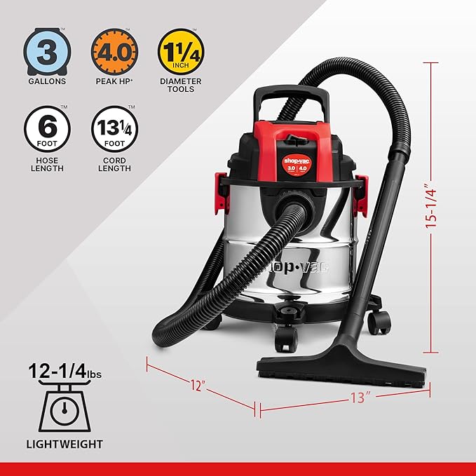 Shop-Vac 3 Gallon 4.0 HP Wet/Dry Vacuum with Blower Function, Stainless Steel Tank, Portable Shop Vacuum with Wheels, Include
