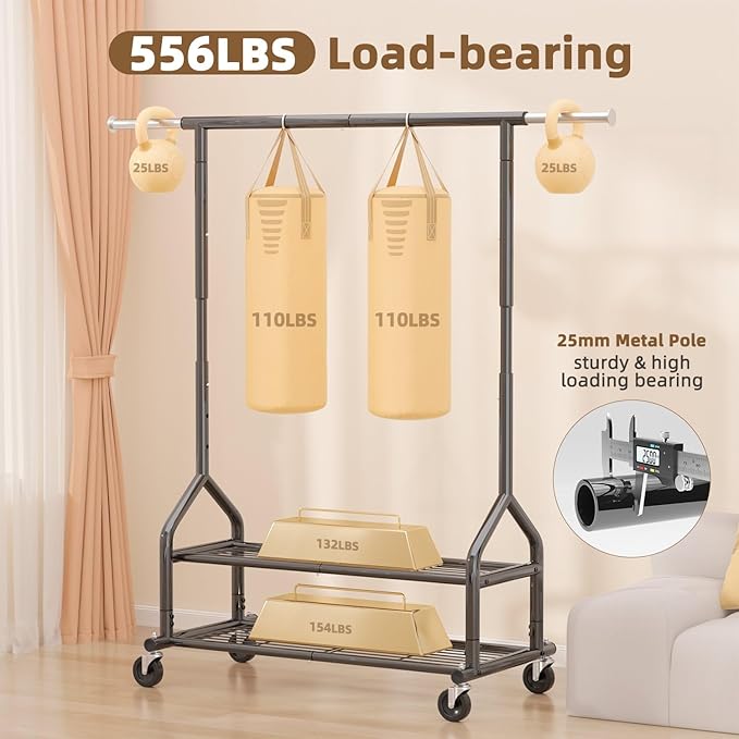 EAGMAK Heavy Duty Clothes Rack Load 556 LBS, Rolling Clothing Rack With Shelves, Height Adjustable Metal Clothes Hanger with 