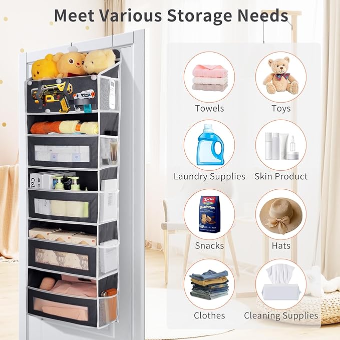 5-Tier Over the Door Storage Organizer with 5 Side Mesh Pockets, 40lbs Load Capacity with 2 Hooks, Behind Door Hanging Organi