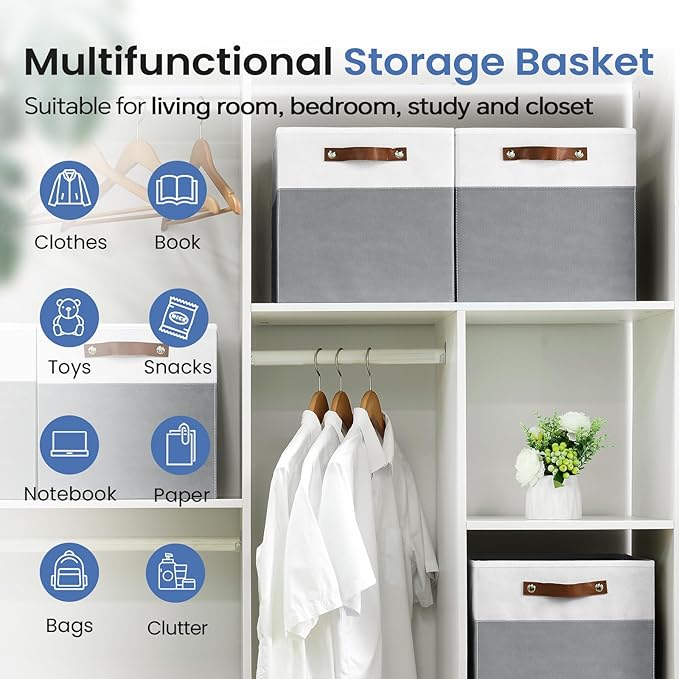 FinishingBo 6-Pack Storage Cubes with Handles & Label Holders Basket, Closet Cube Home Organizer Bins(White/Dark Grey, 13 x 1