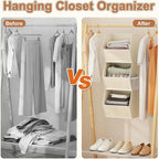 Hanging Closet Organizer 3 Shelf Collapsible Fabric Closet Organizers and Storage Hanging with Mesh Pocket for Clothes, Hangi