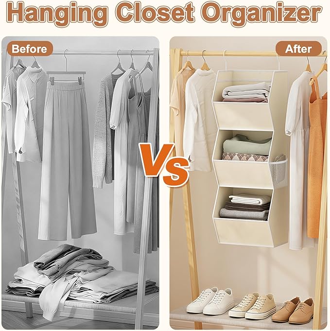 Hanging Closet Organizer 3 Shelf Collapsible Fabric Closet Organizers and Storage Hanging with Mesh Pocket for Clothes, Hangi