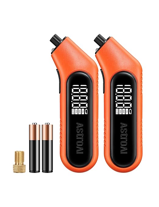 AstroAI Digital Tire Pressure Gauge 3-300PSI Calibrated to ANSI B40.7 Grade 2A (0.5%), Backlight and Flashlight, Presta Valve Adaptor Included, 4 Units, AAA Batteries, Orange, 2Pack