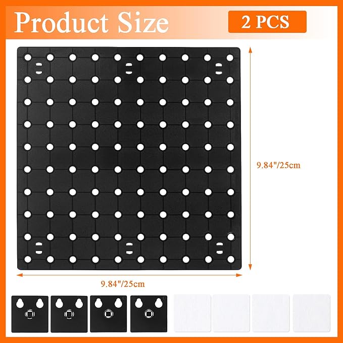 2 PCS Pegboard Wall Organizer, Self-Adhesive Peg Board Wall Panel Kits Pegboard Organizer and Storage Black Kits for Craft Ro
