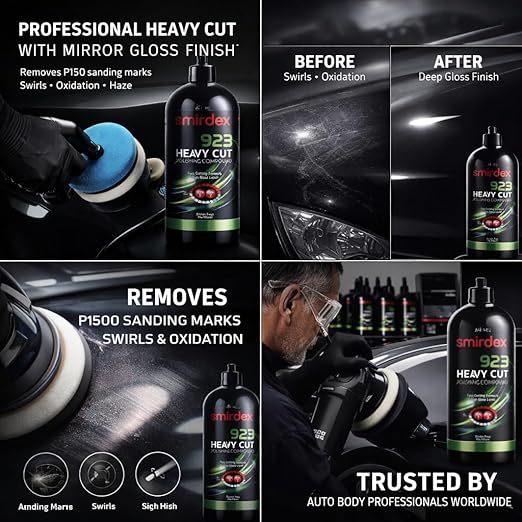 923 Heavy Cut Polishing Compound – Fast Cut & High Gloss Finish for Automotive Clear Coats – Silicone-Free, Water-Based, 1kg Bottle – Removes P1500+ Scratches & Restores Shine