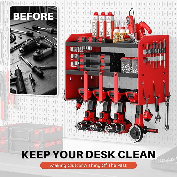 Power Tool Organizer Wall Mount - 120Lbs Load 3 Layers Storage Rack 4 Drill Holders for Drills Cordless Heavy Duty lron Garag