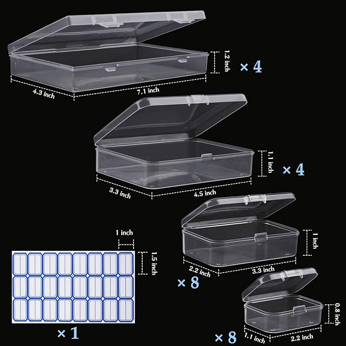 24 Pack Mixed Sizes Rectangular Mini Plastic Containers Clear Plastic Storage Boxes with Hinged Lids and Labels Empty Beads O