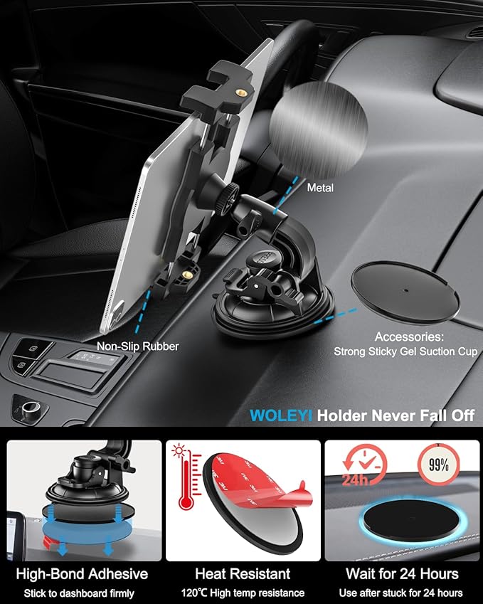 woleyi Heavy Duty Tablet Holder for Car/Truck - [Super Suction Cup] Windshield Dashboard Car Tablet Mount with 1/4" Screw Adapter for 4-13" iPad Pro/Air/Mini, Galaxy Tab/Z Fold, iPhone & Gopro/Camera