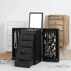 Meangood Jewelry Box Wood for Women, 6-Layer Large Organizer Box with Mirror & 5 Drawers for Rings, Earrings, Necklaces, Vint