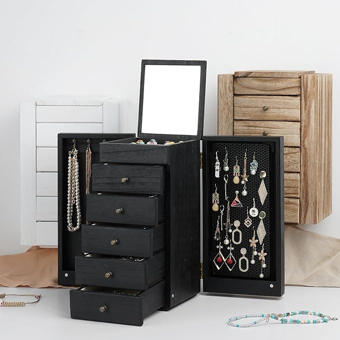 Meangood Jewelry Box Wood for Women, 6-Layer Large Organizer Box with Mirror & 5 Drawers for Rings, Earrings, Necklaces, Vint