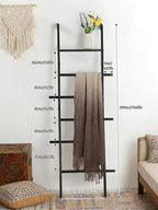 Black Blanket Ladder with Top Shelf for the Living Room - 67in Decorative Wooden Blanket Holder, 5 Tier with Side Hooks for H