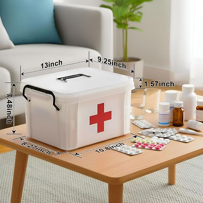 15QT Clear Medicine Organizer Box with Handle, Plastic Medicine Container with Tray First Aid Box Empty, Thickened Medicine S
