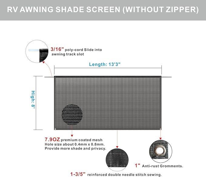 RV Awning Shade Screen Without Zipper 8'x13'3'',Black Mesh RV Awning Sun Shade Screen,Universal Trailer Camper RV Awning Screen with Complete Kit,Significantly Improves Shadow and Privacy