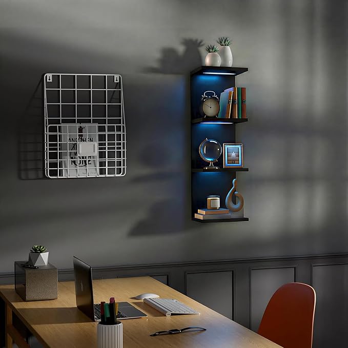 4-Tier Wall Shelf Unit with RGB Lights, Floating Lack Shelf for Home Decor, Wall Mounted Vertical Display Shelf for Bedroom L