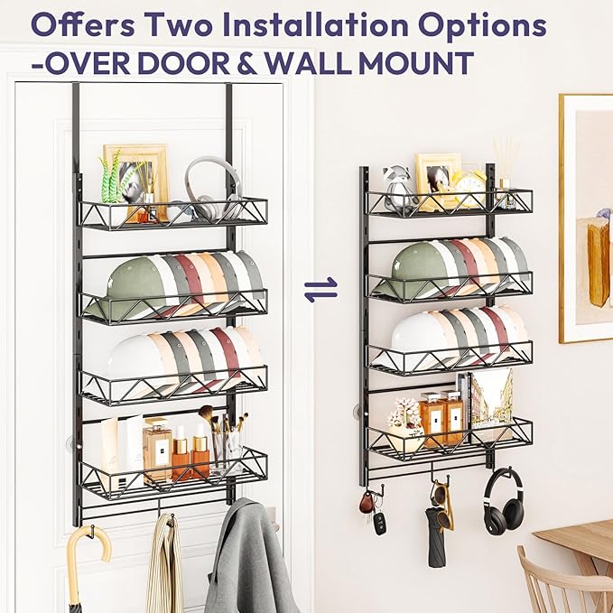 SWTYMIKI Over Door Hat Organizer - 5 Tier Wall Mounted Hat Rack with 4 Adjustable Metal Basket and 3 Hooks, Hanging Baseball 