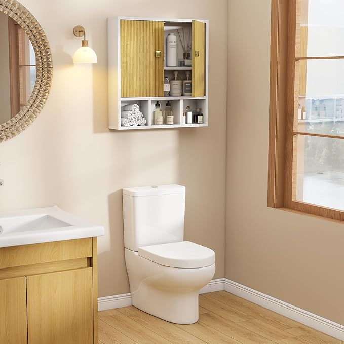 Bathroom Wall Cabinet,Wooden Medicine Cabinet with Fluted Doors Over The Toilet Storage Cabinet with Adjustable Shelf for Bat
