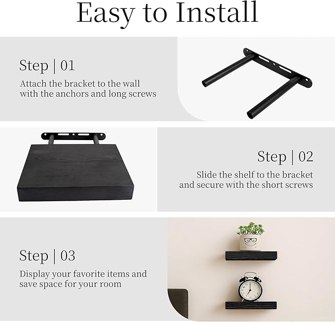 BGMG Small Wood Floating Shelves for Wall 8 inch Set of 2,Black Floating Shelves,Solid Wood Wall Shelves for Bathroom Living 