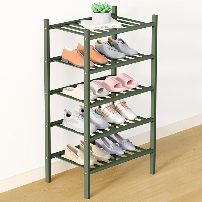 Smiry Bamboo Shoe Rack for Closet, 5 Tier Small Wooden Stackable Shoe Organizer, Free Standing Shoes Storage Shelf for Entryw