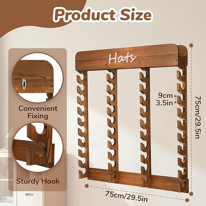 Wooden Hat Racks for Baseball Caps, 40-Slot Wall Mount Baseball Cap Rack, Hat Organizer for Display and Storage, Vertical Cap