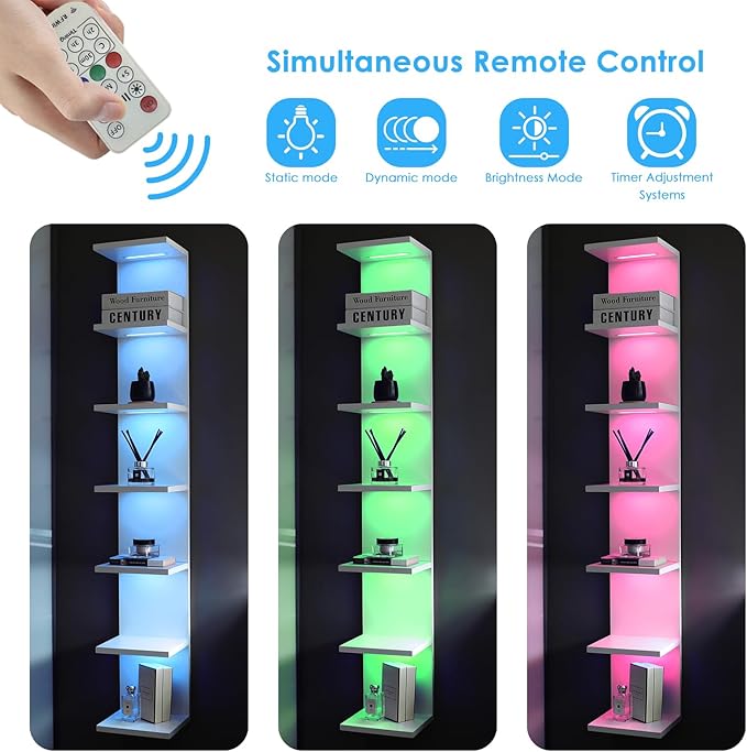 7 Tier Wall Shelves with RGB Light, Lack Wall Shelf Unit, Vertical Shelf with Remonte Control,White Shelves