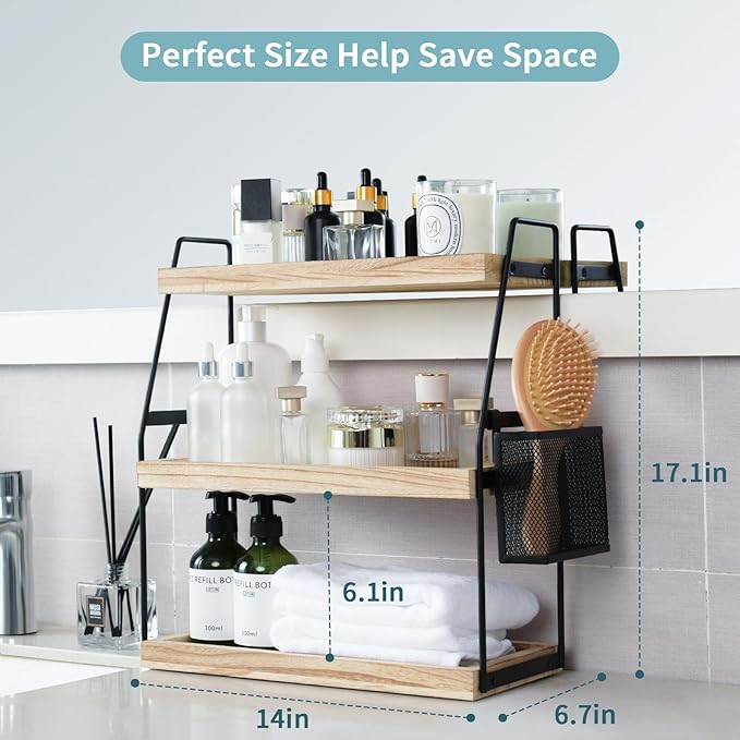 Bathroom Counter Organizer, 3-Tier Standing Storage Shelf with Basket, Wood Tray for Skincare Vanity Organizer
