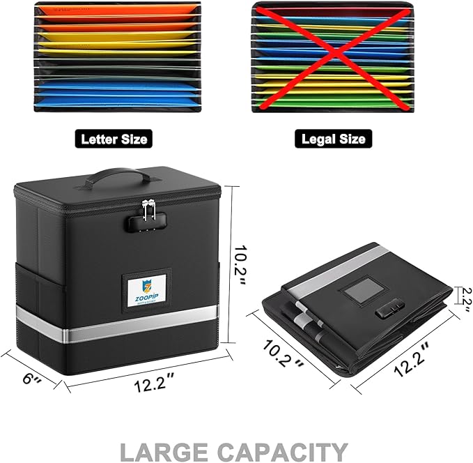 Fireproof File Box with Lock, Document Box Storage Organizer, Suitable for Hanging File Folders in Letter Size, Collapsible F