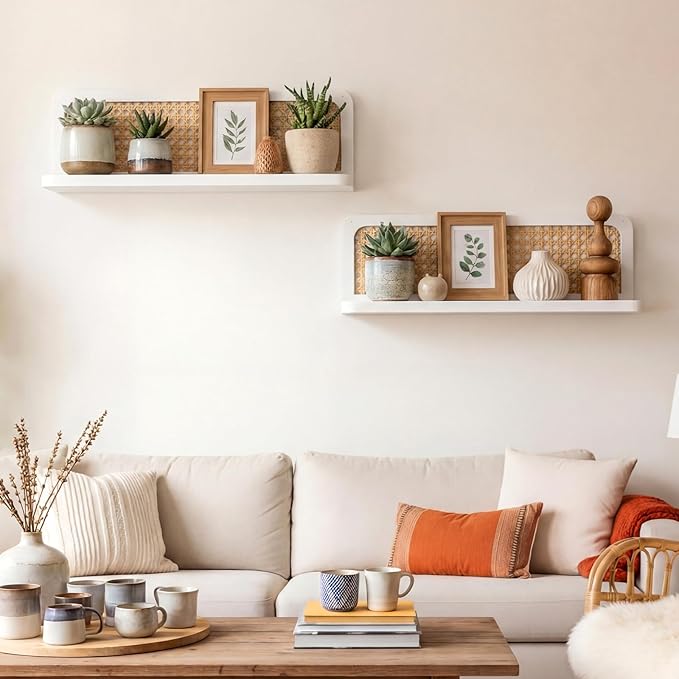 Kathfly Floating Shelves for Wall Set of 4 Mounted Rustic Boho Rattan Wood Wall Shelves for Bathroom Bedroom Living Room Kitc