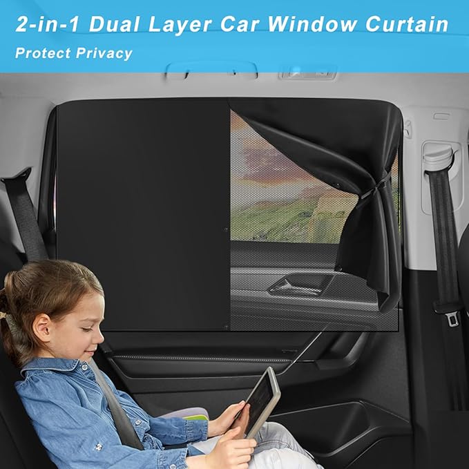 Ovege 2-Pack Magnetic Car Window Shades - Double Layer UV Protection for Side Windows | Privacy Sunshade Covers for Babies, Pets & Kids | Easy Install Car Curtains