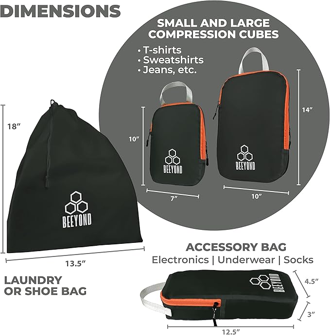 Beeyond Compression Packing Cubes Set - 6 Pieces for Travel and Luggage Organization, Includes Large & Small Cubes, Accessori