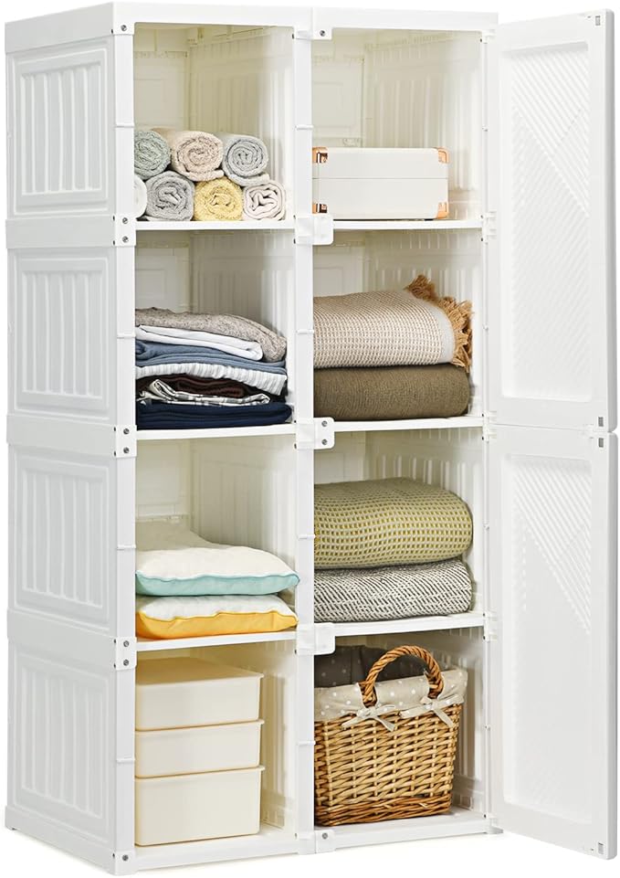 Tangkula Portable Closet Wardrobe, Foldable Clothes Organizer with Cubby Storage, Hanging Rods, Easy Assemble Clothing Storag