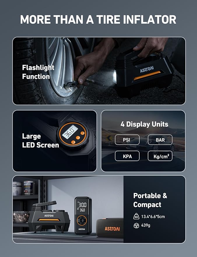AstroAI Tire Inflator Portable Air Compressor Air Pump for Car Tires-Car Accessories, 9.8Ft Cord-12V DC-Powered Auto Pump with Digital Pressure Gauge, Emergency LED Light for Bicycle, Balloons, Orange